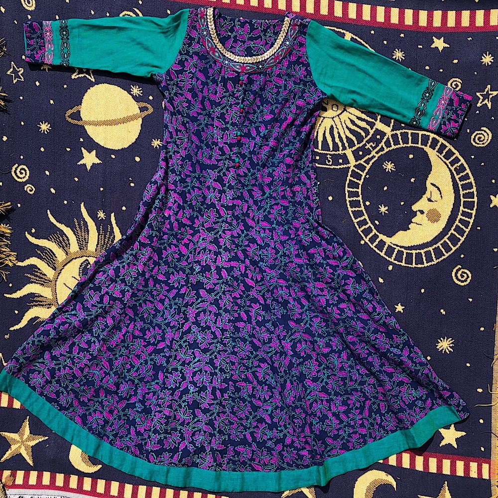 Floral Long Flared Kurti Embroidered Buttons
